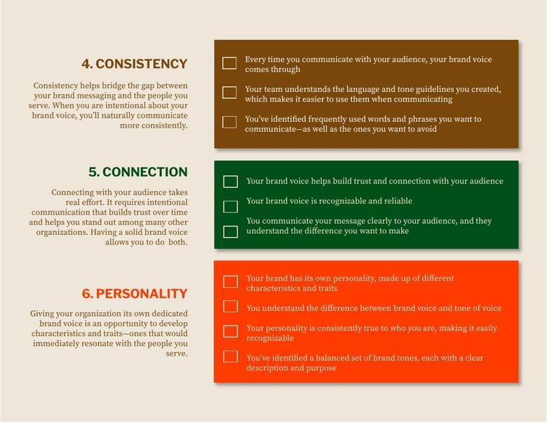 Inside pages of the checklist covering consistency and connection